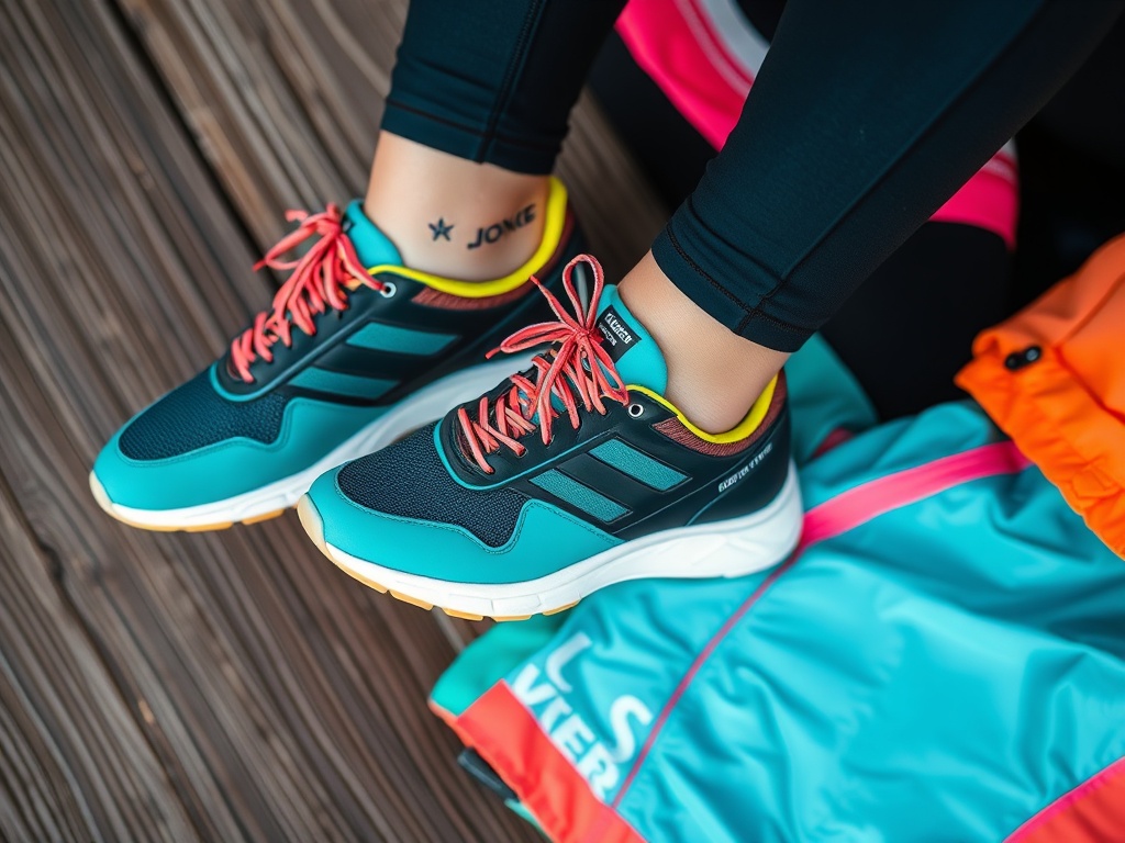 Adidași colorați, cu șireturi roz, purtați pe o alee din lemn, alături de o geacă vibrantă.