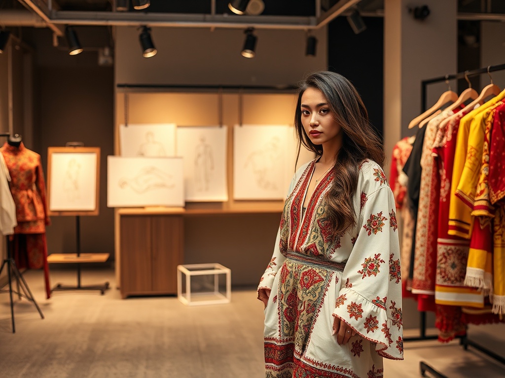 O tânără poartă o ținută tradițională, înconjurată de rochii colorate și schițe de design, într-un atelier.