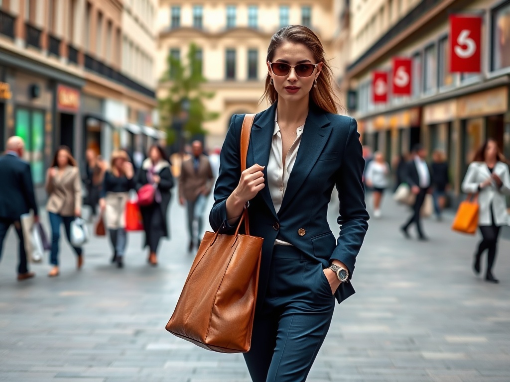 O tânără îmbrăcată elegant, purtând o geantă, se plimbă pe o stradă aglomerată, cu magazine pe fundal.