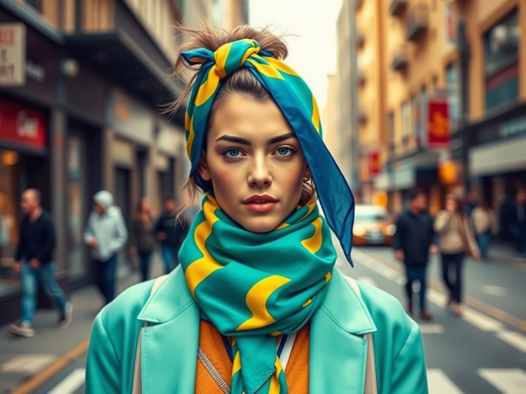 O tânără cu un fular colorat stă pe o stradă aglomerată, purtând o jachetă elegantă. Atmosferă urbană vibrantă.