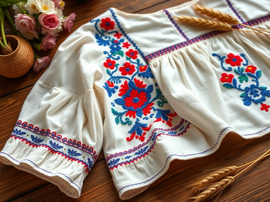 Cămașă cu broderie colorată pe un fundal alb, împreună cu flori și spice de grâu.